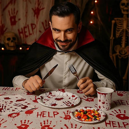 97PCS Scary Halloween Party Supplies Set Bloody Handprint Tableware Decorations Zombie Birthday Themed Party Haunted House Disposable Paper Plates,Cups and Tablecloth(24 Guest)