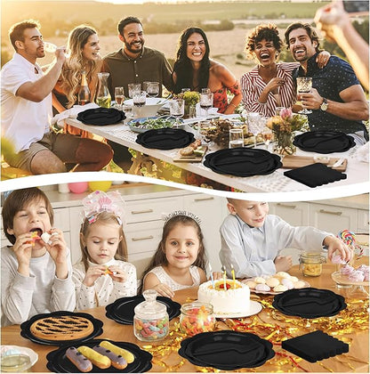 96 Pcs Black Paper Plates and Napkins Set Party Supplies, Tableware set for 24 Guest include Disposable Black Scalloped Plates, Napkins and Forks for Birthday Wedding Picnic