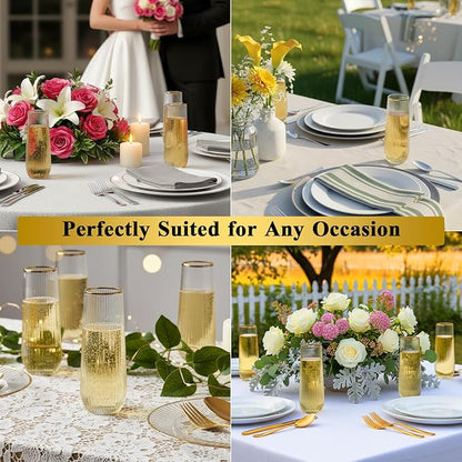 Goodluck 24pack Clear Stemless Plastic Champagne Flutes with Gold Rim，9oz Ribbed Stemless Toasting Glasses，Champagne Flutes Plastic for Weddings, Bars, Events, Party And Celebrations