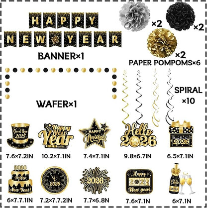 2026 New Years Decorations, NYE Party Supplies includes Happy New Year Banner Hanging Swirls and Black and Gold Tissue Pom Poms, New Year Hanging Swirls for Indoor Outdoor Classroom Office