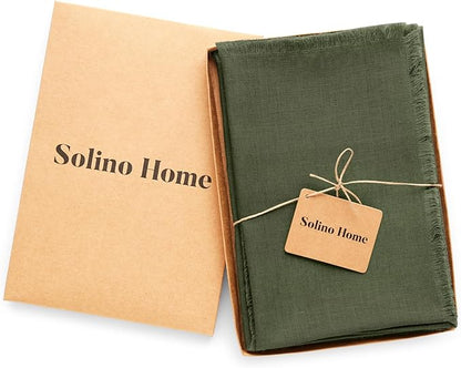 Solino Home Fringe Linen Cloth Napkins Set of 4-100% Pure Linen Desert Green Dinner Napkins 20 x 20 Inch for Fall, Autumn, Christmas, Winter, New Year - Handcrafted and Machine Washable