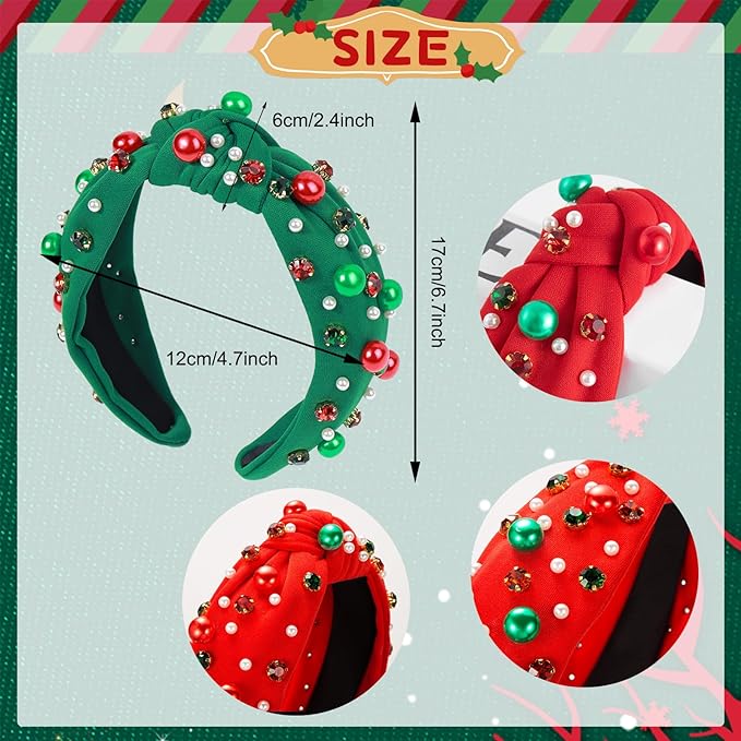 2 Pcs Christmas Headbands for Women Pearl Rhinestone Knot Headband Xmas Crystal Jeweled Hair Band Bow Wide Top Knotted Headband Christmas Hair Accessories Holiday Party Outfits(Pearl Rhinestone)