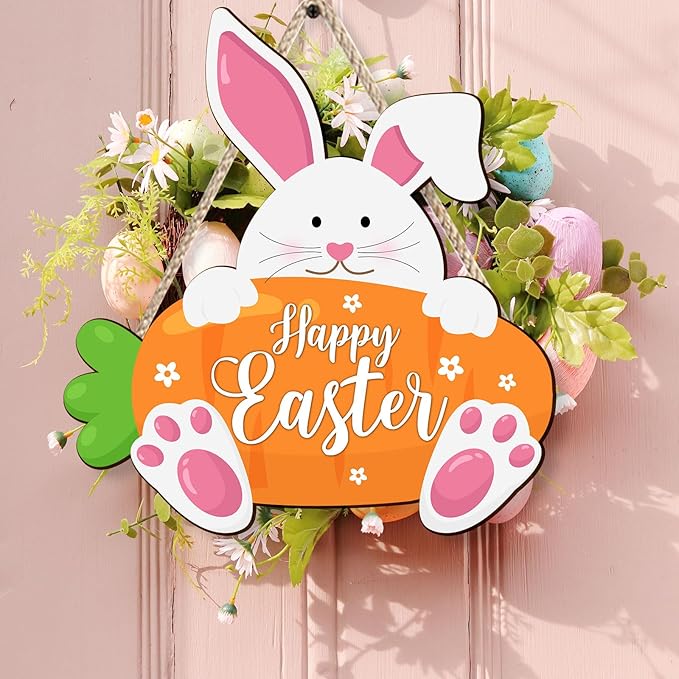 Kercan Wooden Easter Decor Rabbit Door Wreath for Front Door Sign Wall Spring Signs, Bunny Sign Welcome Hanging for Home Wall Decor Party Indoor Decoration, 10.6x11.4Inches