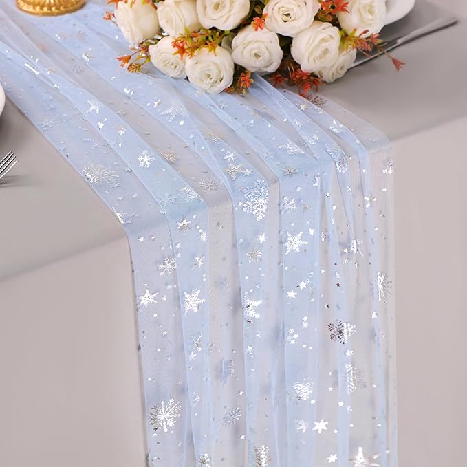 Snowkingdom Silver Snowflake Christmas Table Runner, 10ft Light Blue Silver Glitter Snowflakes Sheer Tulle Gauze Winter Table Runner for Seasonal Holidays, Wedding, Party, Home Dining Decoration