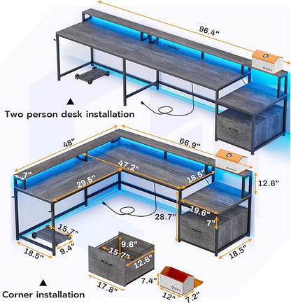 SEDETA L Shaped Desk, 66" Home Office Desk with Wood File Drawer & Power Outlet, Gaming Desk with Led Lights, Corner Computer Desk with Monitor Shelf, Printer Storage Shelves, Two Person Desk, Grey