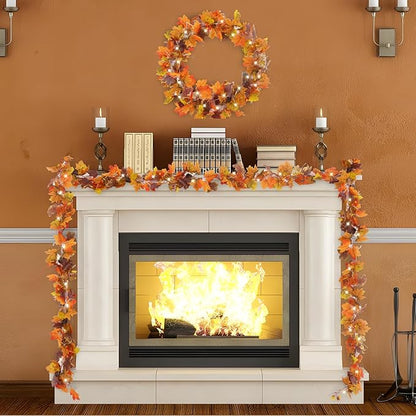 6FT Fall Decor, Fall Garland with Lights for Mantle, Fall Decorations for Home, Realistic Fall Leaves Garland with Pine Berries Cone for Outdoor Indoor Porch Table Fireplace Thanksgiving Decorations