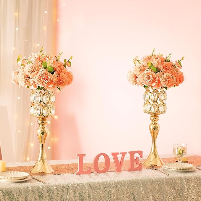 Versatile Vases Set of 2 - 18" Tall Flower Holders Centerpiece Stands with Bling Stones, Gold Trumpet Wedding Vase for Anniversary, Party, Event, Reception, Home Decor