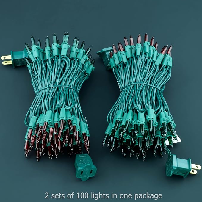 YULETIME 200 Red Green Christmas Lights, Pack of 2 Sets 33 Feet 100 Count UL Certified Incandescent String Lights (Red & Green - Green Wire)