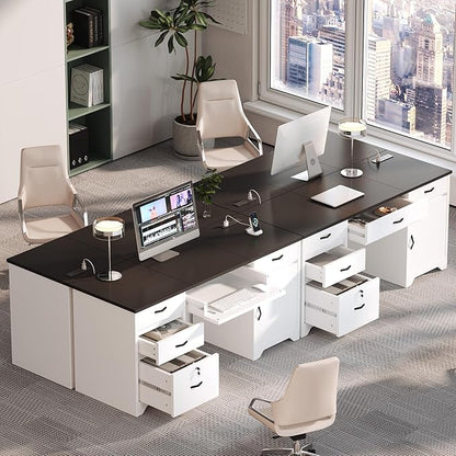 Bestier 59” Office Desk with Lockable Drawers, Modern Computer Desk with File Drawer, Charging Station & Drop-Front Keyboard Drawer, Executive Desk with Storage Cabinet for Home Office & Studio, White