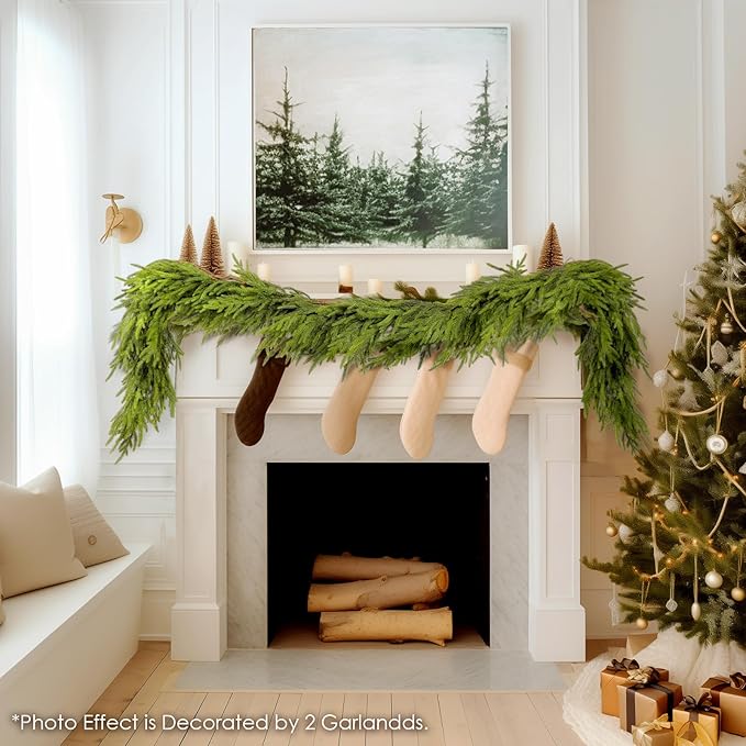 WBHome 6ft Pre-lit Real Touch Norfolk Pine Prelit Christmas Garland, Winter Greenery Garland for Christmas, Holiday Seasonal Outdoor/Indoor Home Decor