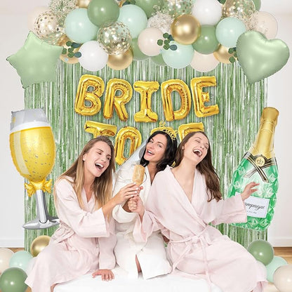 Ouddy Life Sage Green Bachelorette Party Decorations, Bride to Be Bridal Shower Decoration with Crown Champagnes Wineglass Heart Foil Balloons, Veil Sash, Fringe Curtains Engagement Wedding Supply