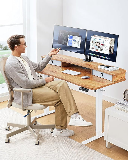 HUANUO 48″ x 24″ Electric Standing Desk with 2 Drawers, C-Clamp Mount Compatible, Height Adjustable Computer Desk, Home Office Stand Up Desk with 4 Preset Heights & 2 Hooks, Light Vintage