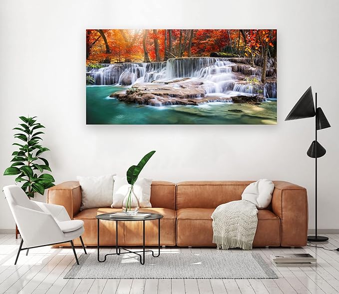 Wall Art Canvas Painting Red Forest Waterfalls 1 Piece Modern Landscape Tree Picture Poster Print Framed and Stretched Ready to Hang for Living Room Bedroom Kitchen Office Home Decor