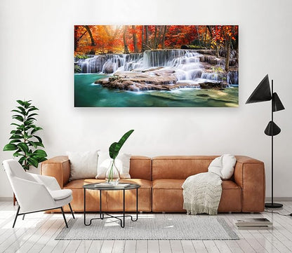 Aibonnly Wall Art Canvas Painting Red Forest Waterfalls 1 Piece Modern Landscape Tree Picture Poster Print Framed and Stretched Ready to Hang for Living Room Bedroom Kitchen Office Home Decor