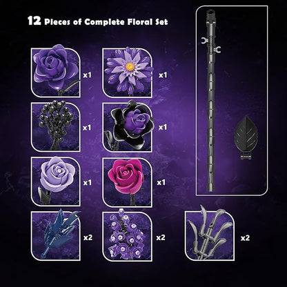 Purple Roses Bouquet Building Blocks Set, Botanical Collection Artificial Flowers Compatible with Lego Flowers, Christmas Decor Gift for Adults Teens Women, Gothic Home Decor Bouquet