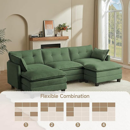 Modular Sectional Sofa, 111.5" U-Shaped Corduroy Comfy Sectional Couches for Living Room, 3-Seater Cloud Couches with 2 Movable Ottomans, Flexible Combination Modern Deep Seat Sofa (Green)