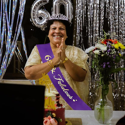 CIEHER 60th Birthday Crown and Sash - Purple 60th Decorations Women's 60 & Fabulous Sash