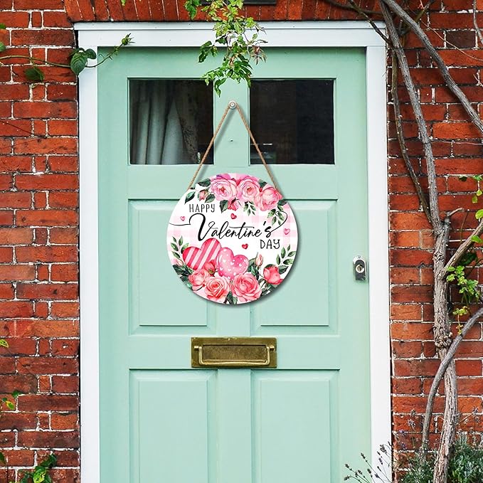 Happy Valentine's Day Rose Flower Front Door Sign Valentines Flower Wooden Door Hanging Sign 12x12 Inch Valentines Day Decorations Outdoor Outside Porch for Anniversary Wedding Farmhouse Holiday