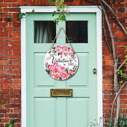 Happy Valentine's Day Rose Flower Front Door Sign Valentines Flower Wooden Door Hanging Sign 12x12 Inch Valentines Day Decorations Outdoor Outside Porch for Anniversary Wedding Farmhouse Holiday