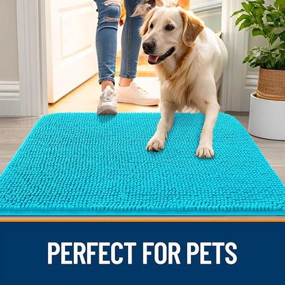 OLANLY Dog Door Mat for Muddy Paws 34x21, Absorbs Moisture and Dirt, Absorbent Non-Slip Washable Doormat, Quick Dry Chenille Mud Mat for Dogs, Entry Indoor Entryway Carpet for Inside Floor, Aqua Blue