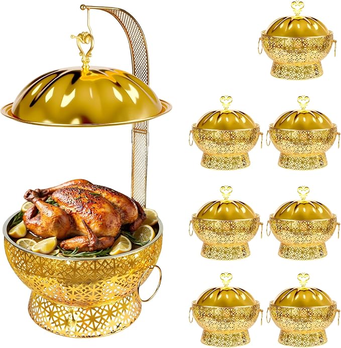 8QT Golden Chafing Dishes for Buffet, Round Stainless Steel Chafing Dish Set for Parties, Christmas Gatherings, Home, Catering Events Complete Buffet Warmer Colder Set (8)