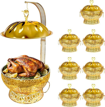 8QT Golden Chafing Dishes for Buffet, Round Stainless Steel Chafing Dish Set for Parties, Christmas Gatherings, Home, Catering Events Complete Buffet Warmer Colder Set (8)