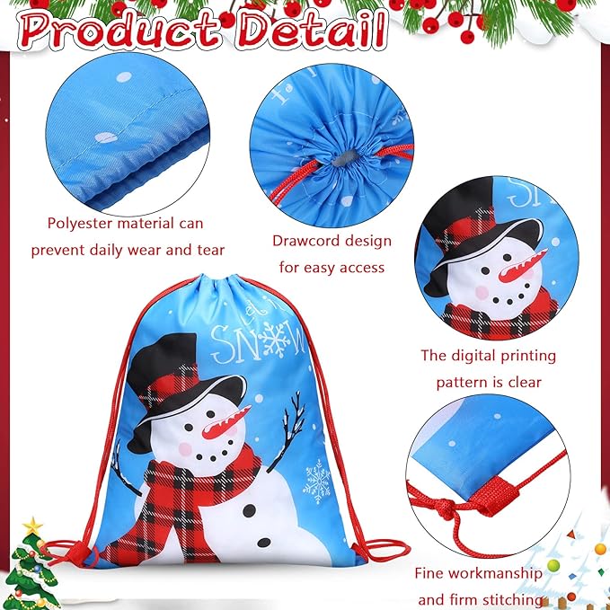 12 Pcs Christmas Party Favors Bags for Kids Drawstring Backpack Santa Claus Goodies Snack Treat Gift Bags Presents Wrapping for Xmas Winter Holiday Birthday Party (13.2 x 16.3 Inch)