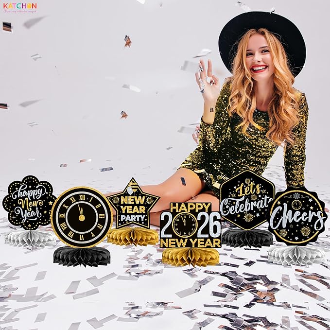 KatchOn, New Years Centerpieces For Tables - Pack of 9 | New Years Eve Party Supplies 2026 | Black and Gold Honeycomb for New Year Decorations 2026 | New Year Eve Party Decorations
