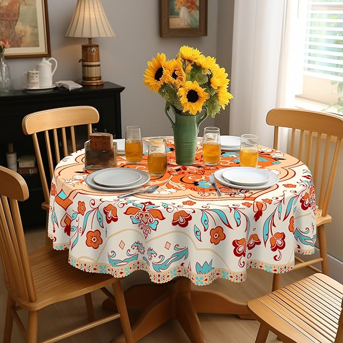 Eikione Bohemia Round Tablecloth 70inch,Table Cloth Waterproof and Wrinkle-Free, Boho Table Covers, Summer Decorations for Home