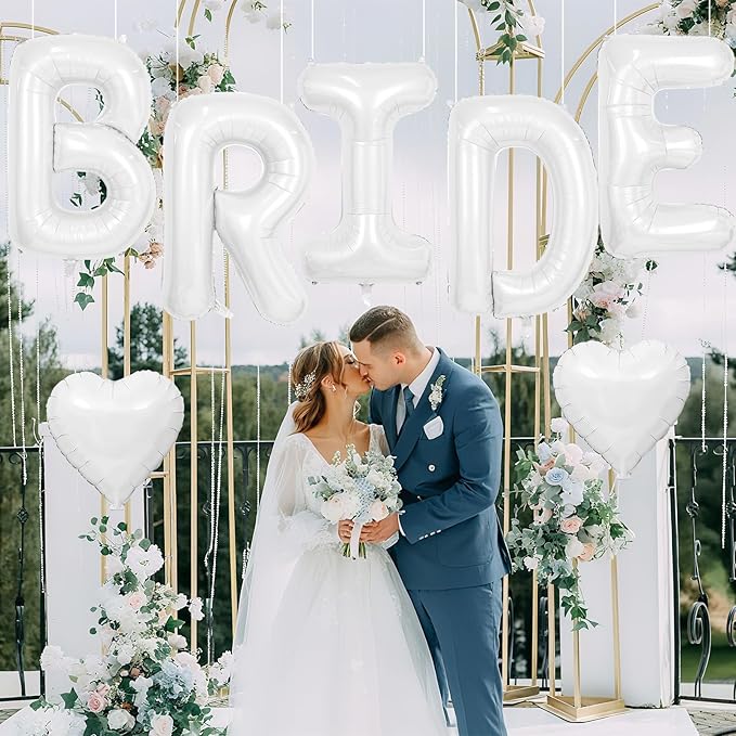 40inch White BRIDE Letter Balloons, Giant White Bride Foil Helium Balloon Banner with Heart Balloon for Bride to Be Wedding Engagement Bridal Shower Bachelorette Party Decoration
