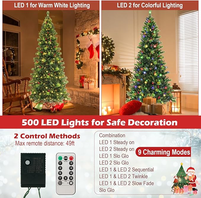 GOFLAME 8FT Pre-Lit Christmas Tree, Hinged Artificial Xmas Tree with Pine Needles, 1272 Branch Tips, 43 Clusters of Red Berries, 500 LED Lights, 9 Lighting Modes, 4 Brightness, Remote Control & Timer