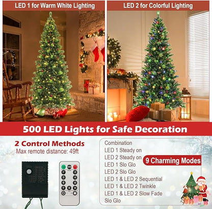 GOFLAME 8FT Pre-Lit Christmas Tree, Hinged Artificial Xmas Tree with Pine Needles, 1272 Branch Tips, 43 Clusters of Red Berries, 500 LED Lights, 9 Lighting Modes, 4 Brightness, Remote Control & Timer