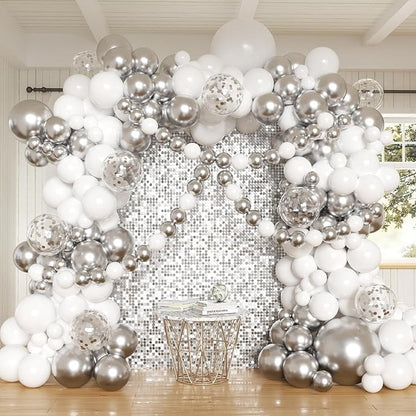 162pcs White and Silver Balloons Arch Kit, Different Sizes White Metallic Silver and Confetti Balloons for Winter Wonderland Wedding Baby Shower Birthday Party Decorations