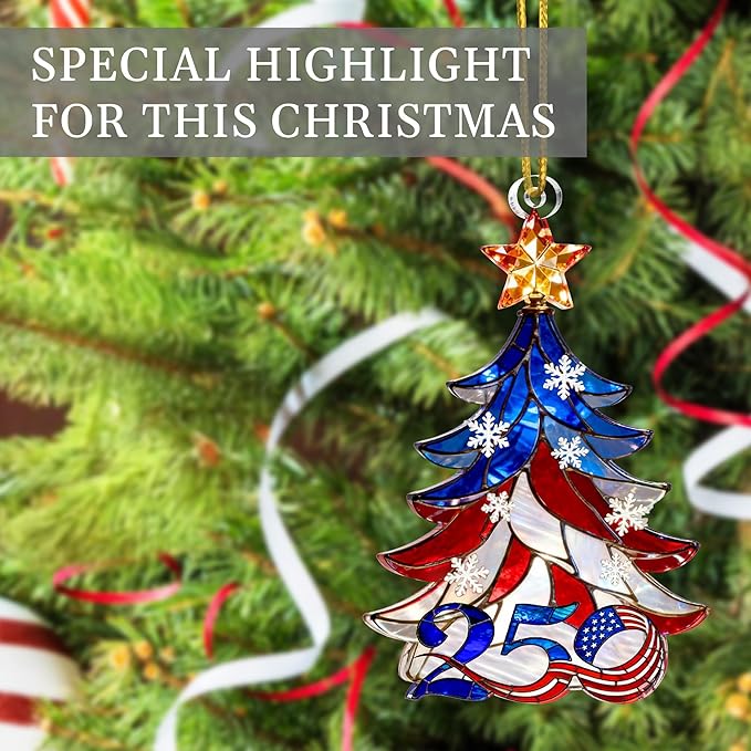United States 250th Anniversary Ornament, 2D Acrylic 250th Anniversary USA Christmas Tree Ornament, 250 Patriotic American Flag Christmas Ornaments, Gift for US Citizens, Patriotic Collectors Decor
