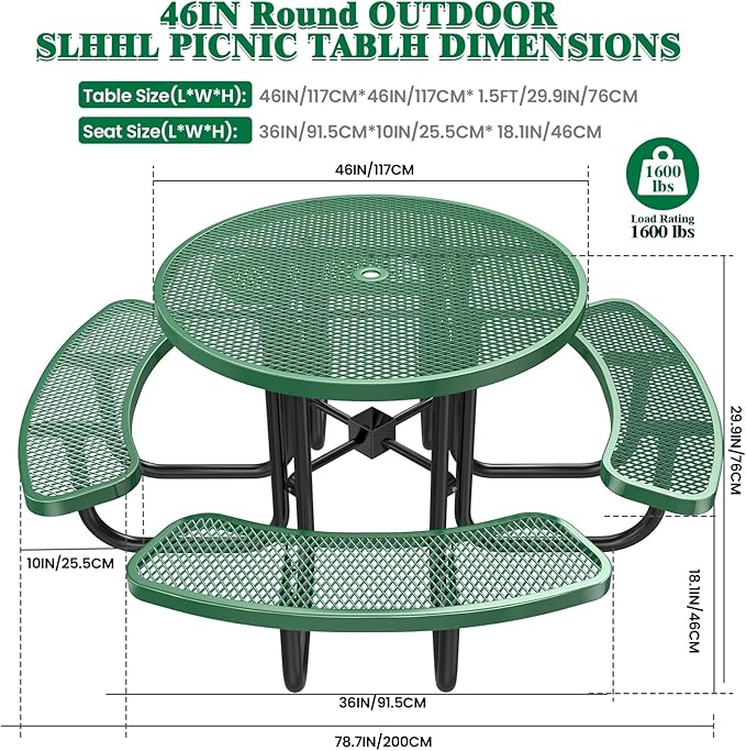 47'' Heavy-Duty Metal Picnic Tables with Umbrella Hole, Outdoor Steel Heavy Duty Commercial Grade Black Table, Outdoor Bench Set for Lawn, Patio, Park, Yard, Garden, Porch (Set B, Round)