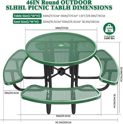 47'' Heavy-Duty Metal Picnic Tables with Umbrella Hole, Outdoor Steel Heavy Duty Commercial Grade Black Table, Outdoor Bench Set for Lawn, Patio, Park, Yard, Garden, Porch (Set B, Round)