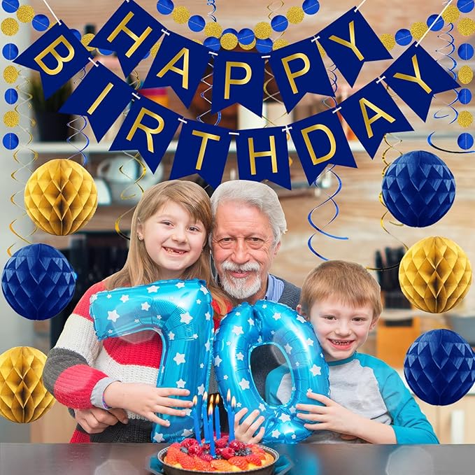 Navy Blue Birthday Decorations with Happy Birthday Banner, Paper Honeycomb Balls, Circle Garland and Hanging Swirl Decorations