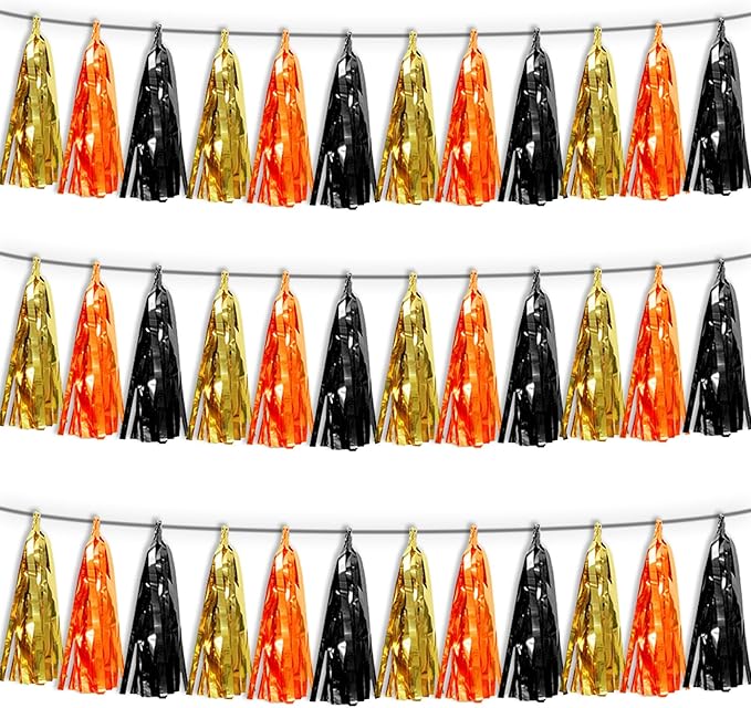 3P Orange Gold Black Tassel Banner Garland Metallic Foil Fringe Banner Tinsel Tassels Streamer Banner Backdrop for Parade Floats, Graduation Decorations, Halloween, Christmas Decorations