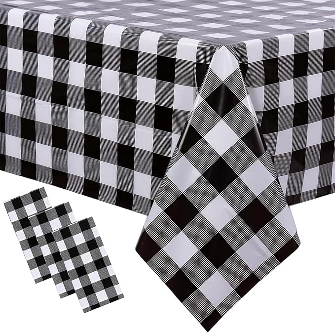 3 Packs Black and White Checkered Tablecloth 54x108 Inches Rectangle Gingham Tablecloth Disposable Plastic Waterproof Table Cover for Outdoor Picnic Kitchen and Birthday Party