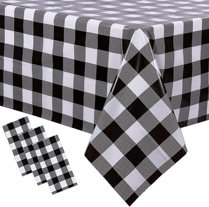 3 Packs Black and White Checkered Tablecloth 54x108 Inches Rectangle Gingham Tablecloth Disposable Plastic Waterproof Table Cover for Outdoor Picnic Kitchen and Birthday Party