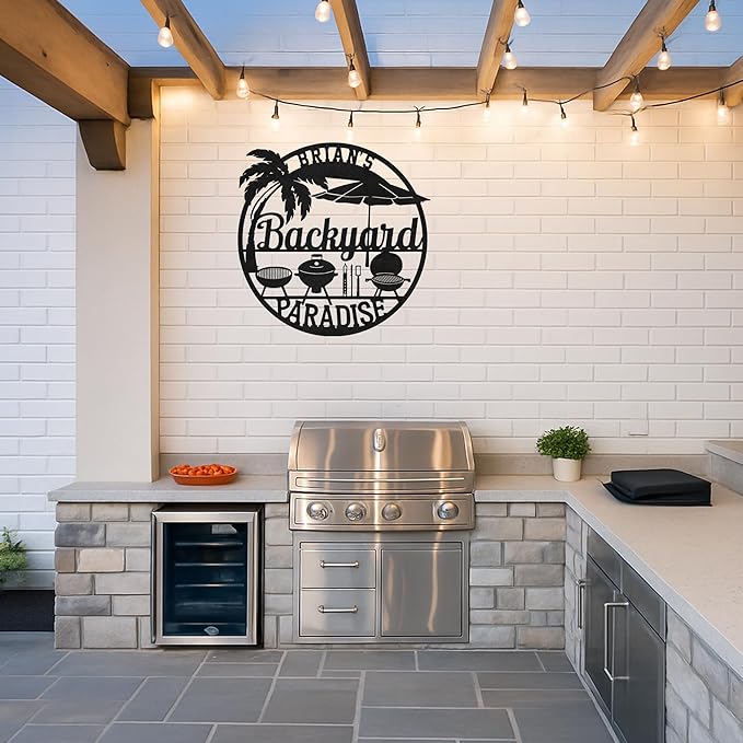 Rustic Outdoor BBQ Metal Sign, Custom Name Grill Wall Art for Backyard Patio, Personalized Cut Metal Barbecue Decor