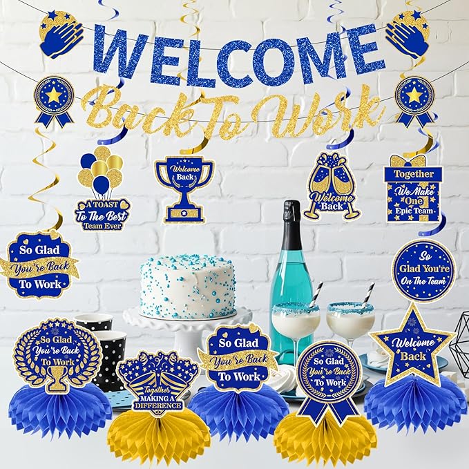 12pcs Welcome Back to Work Decorations Office Blue Gold So Glad You're Back To Work Banner and Hanging Swirls Table Centerpieces Office Party Supplies for Indoors Outdoors