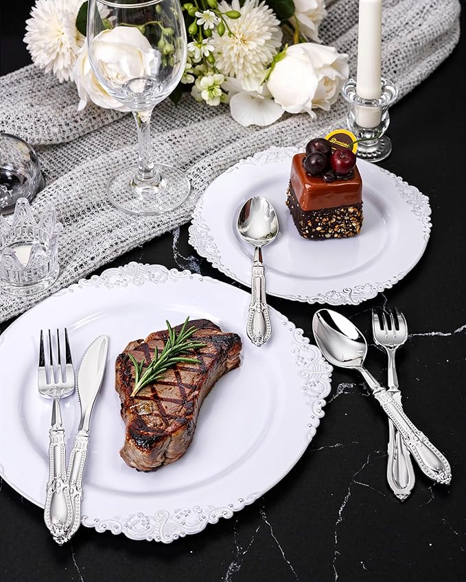 Nervure 300PCS Silver Plastic Silverware - Heavy Duty Disposable Cutlery Set,Luxury Silver Plastic Utensils include 100Pcs Forks, 100Pcs Spoons, 100pcs Knives Perfect for Wedding,Party,Daily Use