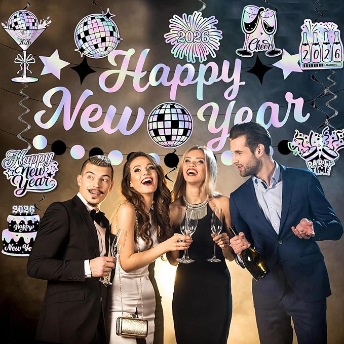 Iridescent New Years Decorations, Disco New Years Party Decorations 2026 includes Iridescent Happy New Year Banner and Disco Hanging Swirls, New Year Hanging Swirls for Indoor Outdoor Classroom Office
