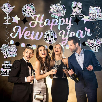 Iridescent New Years Decorations, Disco New Years Party Decorations 2026 includes Iridescent Happy New Year Banner and Disco Hanging Swirls, New Year Hanging Swirls for Indoor Outdoor Classroom Office