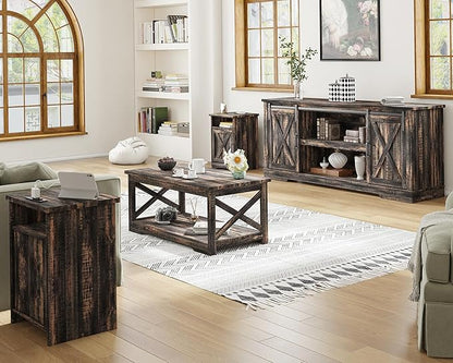 AMERLIFE 4-Piece Farmhouse Table Set Includes Sliding Barn Door TV Stand, Coffee Table& Two End Tables, Side Table with Charging Station and USB Ports, for Living Room, Dark Oak, 66"
