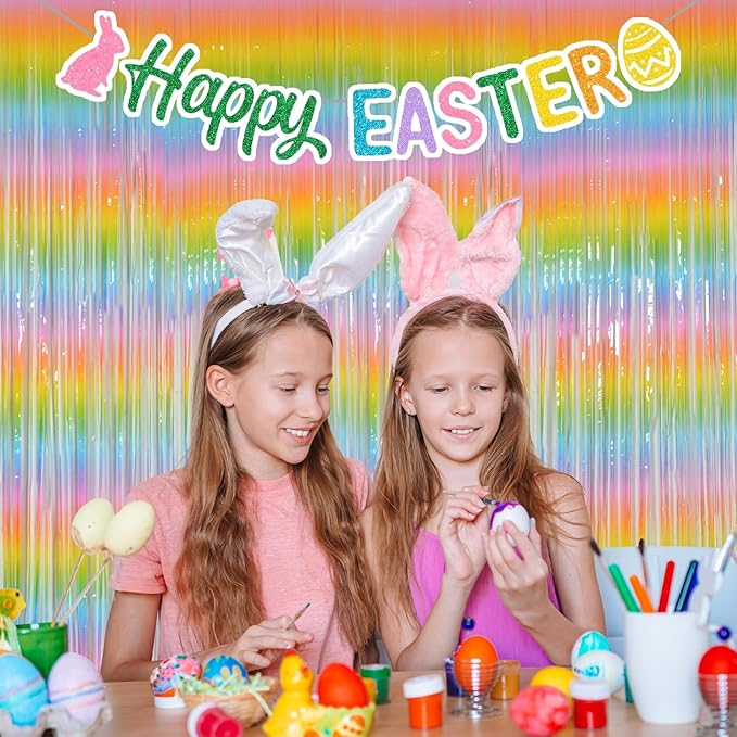 Melsan 2 Pack 3.2 ft x 8.2 ft Pastel Tinsel Foil Fringe Curtains Backdrop, Metallic Rainbow Foil Curtains for Easter Party Decorations Party Photo Booth Props Decoration (Rainbow)
