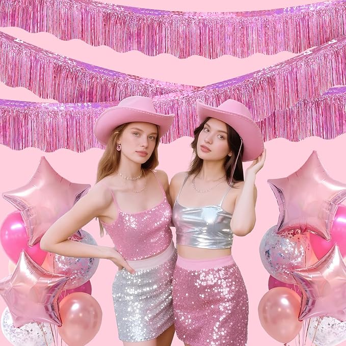 LOLStar 6 Pack Pink Foil Fringe Garland Birthday Party Decorations, 59Ft Metallic Tinsel Streamers Banner, Glitter Photo Booth Prop Table Skirt for Wedding Parade Float Gender Reveal Party Decor