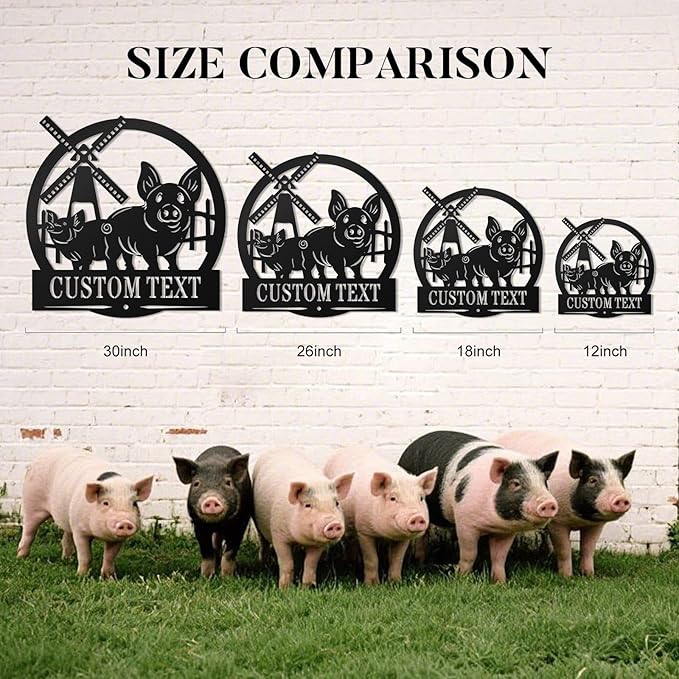 Custom Sign with Pig & Windmill - Custom Metal Sign, Pig Farm Sign, Rustic Pig Pens Farmhouse Decor Outdoor Decor, Gift for Mother's Day, Mom, Farmers, Grandma, Animal Lovers, Garden or Barn Decor