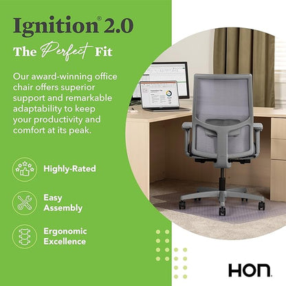 HON Ignition 2.0 Mid Back Task Chair, Advanced Synchro-Tilt Control, Office Chair with Lumbar Support, Height and Width Adjustable Arms, Titanium Frame, Frost